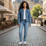 Veste en jean épaulettes portée par une jeune femme brune qui se tient debout dans la rue
