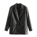 Blazer vintage faux cuir à manche longue pour femme de couleur noir.