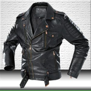 Blouson de moto en simili cuir, couleur noir à la mode