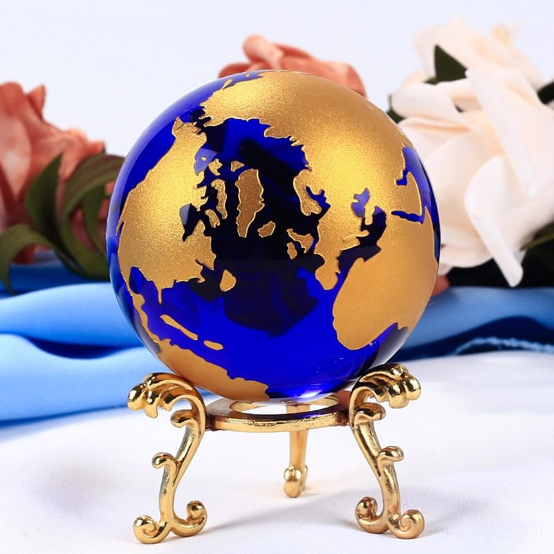 Globe Feng Shui bleu doré globe feng shui bleu dore base doree