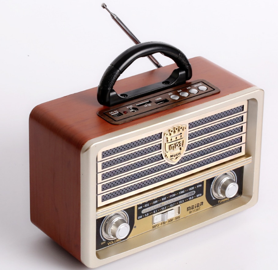 Radio fm bluetooth vintage beau caisson en bois, très haute qualité avec une antenne.