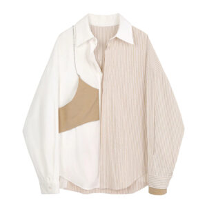 Chemise vintage beige et blanche à rayures pour femme. Bonne qualité et très tendance