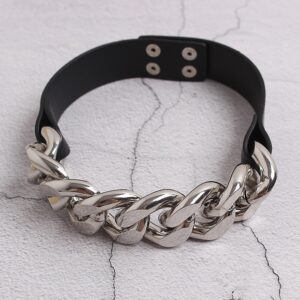 Collier ras de cou chaîne en métal et simili cuir noir pour femme, bonne qualité et à la mode