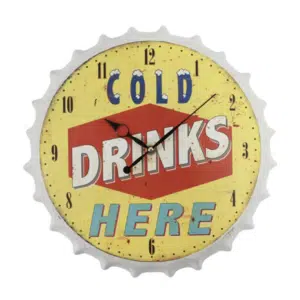 Horloge 3D en fer rétro capsule de bouteille « COLD DRINKS HERE », bonne qualité et original