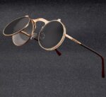 Petites lunettes rondes. La monture est dorée. Il y a 2 positions pour les lunettes, les lunettes de soleil ou encore en relevant les verres solaires, on peut avoir des lunettes transparentes. Le style renvoiee aux années 50-70.