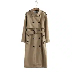 Manteau trench long beige vintage pour femme marron. Bonne qualité et très à la mode.