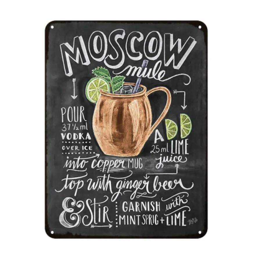 Plaque vintage en métal cocktail « Moscow Mule », bonne qualité.