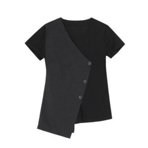 T-shirt noir rétro à boutonnage et col en v pour femme, bonne qualité et à la mode