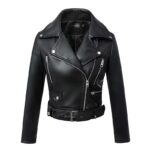Veste blouson moto vintage noir simili cuir pour femme. Bonne qualité et très à la mode.