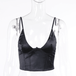 Crop top satiné vintage type corset col V pour femme, bonne qualité et à la mode sur un mannequin