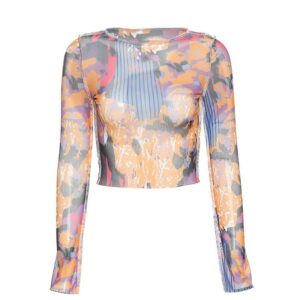 Crop top transparent à manches longues multicolore vintage. Bonne qualité et très à la mode.