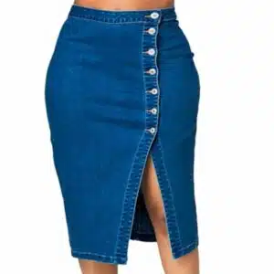 Jupe vintage en jean bleu fendue à la hanche, très bonne qualité à la mode