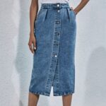 Jupe vintage midi en jean bleu délavé avec poches, bonne qualité et à la mode