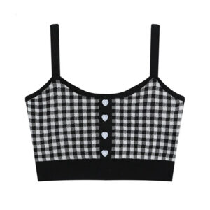 Top court en débardeur à carreaux vintage pour femme noir et blanc avec des boutons. Bonne qualité et très à la mode.