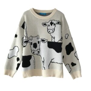 Pull vintage ample imprimé vaches, à la mode , très bonne qualité