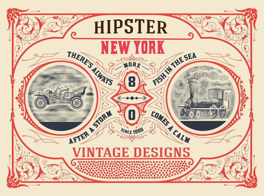 affiche vintage sur laquelle est écrit en titre "hipster, new york" ainsi que "vintage designs" et 2 citations "there's always fish in the sea" et "after a storm comes a calm". Il est également écrit "since 1880". On y voit également 1 calèche motorisée ainsi qu'un train à vapeur.