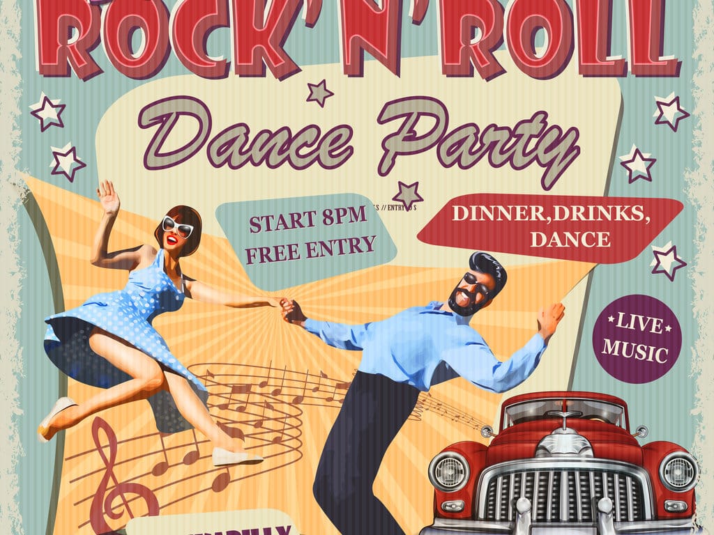 Poster retro sur lequel il est écrit "Rock' n' roll Dance party" et où on y voit 2 danseurs près d'une voiture vintage.