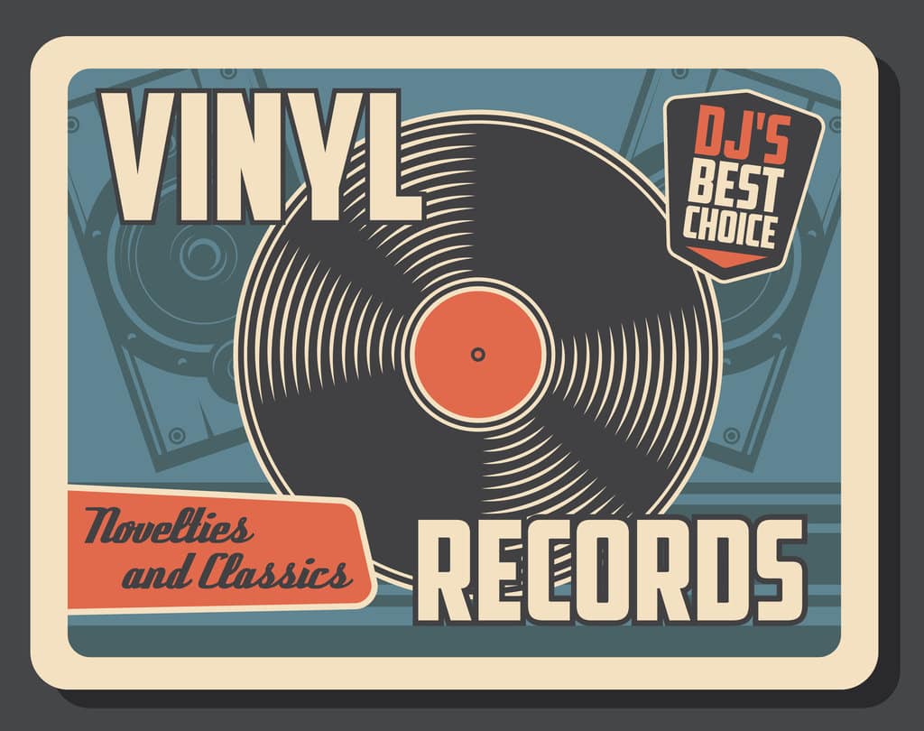 affiche vintage sur laquelle sont écrit "Vinyl records" en titre, "DJ's best choice" et "Novelties and Classics". Un vinyl et des platines sont dessinées en fond.