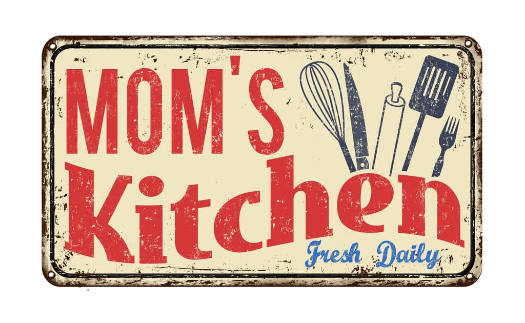 plaque vintage de cuisine avec écrit "Mom's Kitchen" et "Fresh Daily". Des accessoire de cuisine et patisserie sont également déssinés.