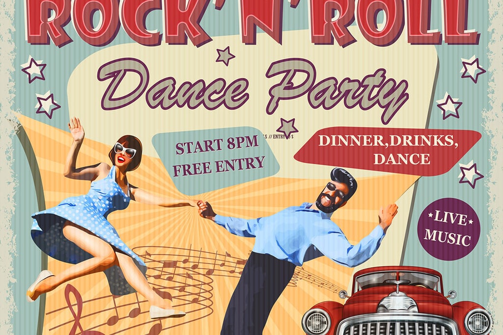 affiche rétro avec comme titre rock' n'roll dance party. un couple danse dessus. l'affiche est américaine et invite à une soirée dansante à partir de 20h avec une entrée gratuite.