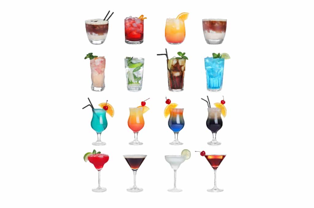 affiche sur fond blanc avec 16 verres de cocktails différents alignés sur 4 rangées de 4.