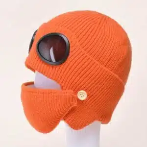 Bonnet en laine avec lunettes d'aviateur orange. Bonne qualité et très original.