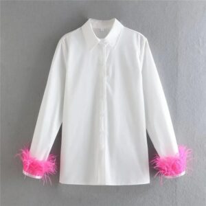 Chemise blanche à manches longues avec des plumes vertes pour femme, bonne qualité et à la mode