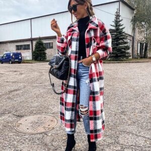 Manteau long à carreaux pour femme, bonne qualité et à la mode