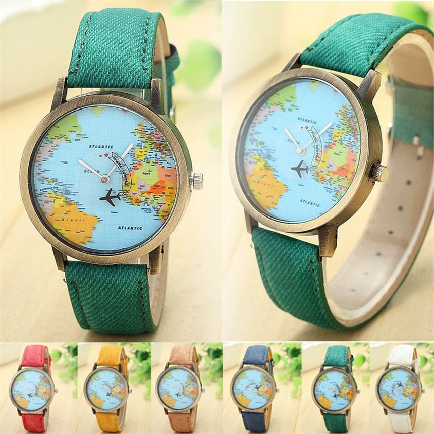 Mini montre à Quartz avec fond map monde pour hommes et femmes