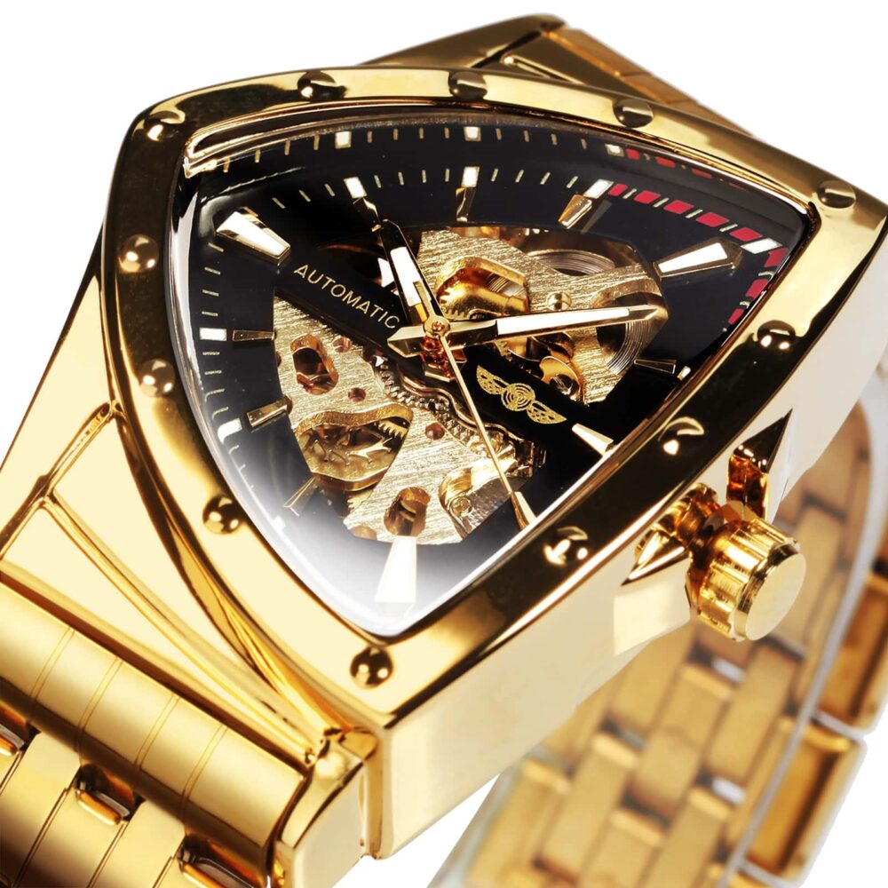 Montre pour homme avec cadran en forme triangulaire et fond de cadran noir, mécanisme avec aiguilles