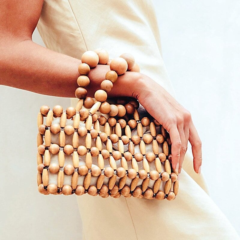 Mini sac à main vintage en perle de bois pour femme beige