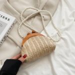 Sac à bandoulière Vintage avec chaîne en perles pour femmes beige