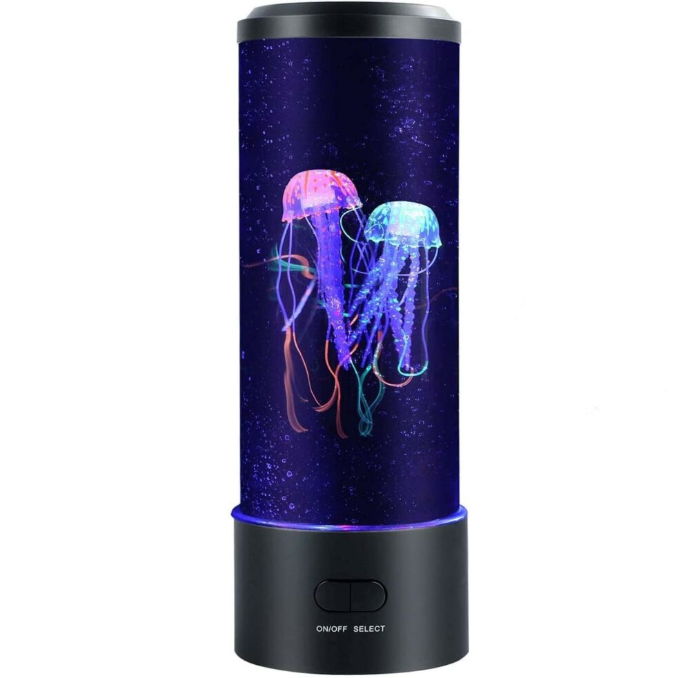 lampe à lave de couleur noire avec des méduses de couleur violettes et bleues