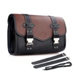Sac de moto vintage en cuir noir et marron avec des lanières de cuirs noirs posées devant