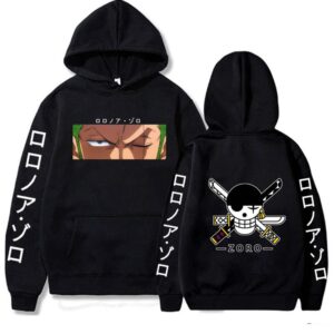 Pull à capuche imprimé dessin animé Roronoa Zoro vintage noir avec un fond blanc