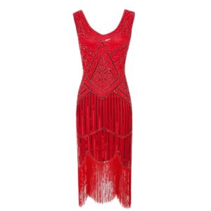Robe Charleston rouge moulante à sequins présentée sur fond blanc
