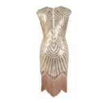 Robe Charleston beige à sequins présenté sur fond blanc