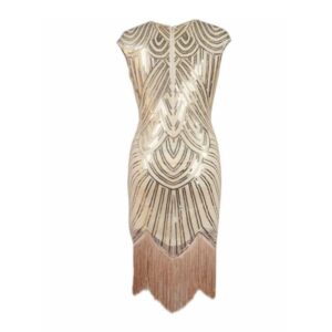 Robe Charleston beige à sequins présenté sur fond blanc