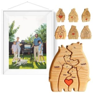 6 modèles de puzzle en bois personnalisés avec un modèle au premier plan. Avec un cadre représentant une photo de famille souriante