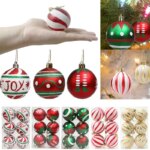 Boules de Noël colorées représentés dans 5 boites, dans un sapin et dans une main.