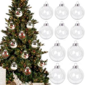 10 boules de Noël transparentes vides, avec à côté un sapin de Noël vert décoré